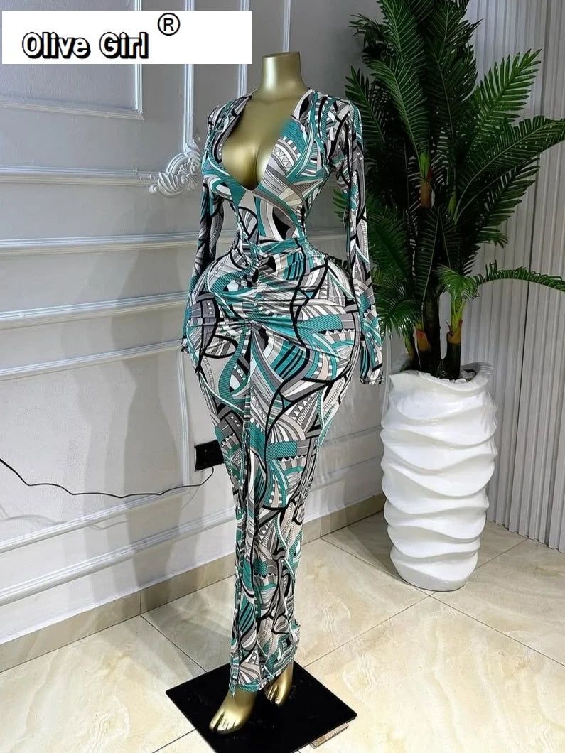 Women Printed Deep V-neck Stacked Ruched Bodycon Midi Maxi Dress 2026 Birthday Holiday Party Trendy Dresses Vestidos