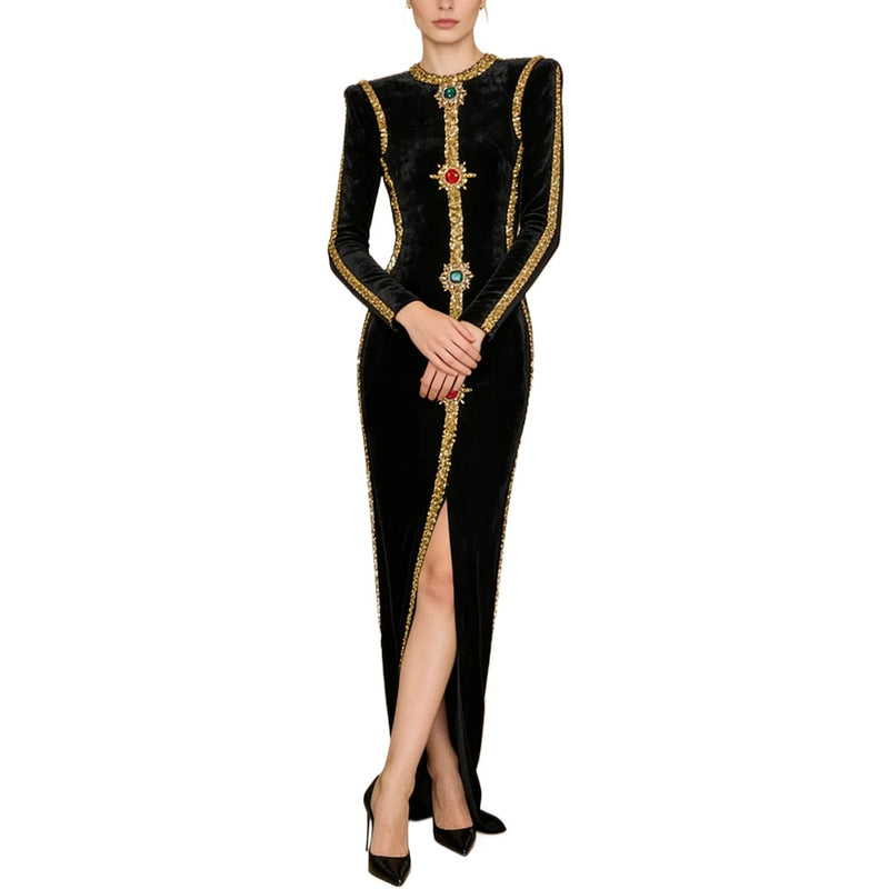 Black Velvet Holiday Celebrations Maxi Gown for Women O Neck Gold Trim Slim Jewel Accent High Slit Dresses for Luxury Dinner