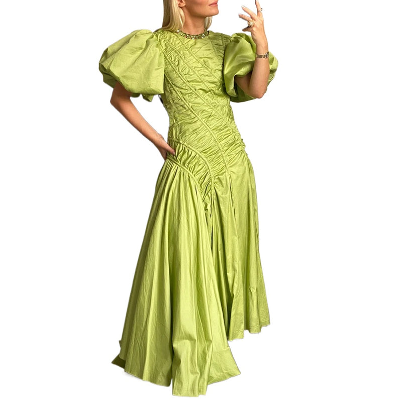 Solid Spliced Drawstring Folds Designer Maxi Dress for Women O Neck Puff Sleeve High Waist Elegant Party Dresses Female New