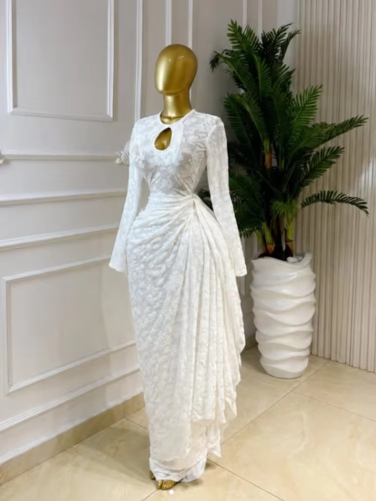 Women O-neck Ribbon Ruched Long Sleeve Bodycon Maxi Long Dress 2026 Summer Sexy Birthday Party Vacation Trendy Dresses