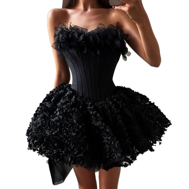 Sexy 3D Floral Mini Dress for Women Sweetheart Neck Sleeveless Fish Bone Tunic Birthday Party Flirty Skirt Female Clothing