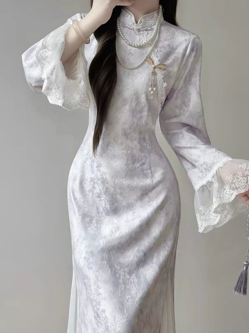 Autumn Dress Cheongsam 2026 New Long Sleeved Purple Young Style Fish Tail Daily Dress for Women