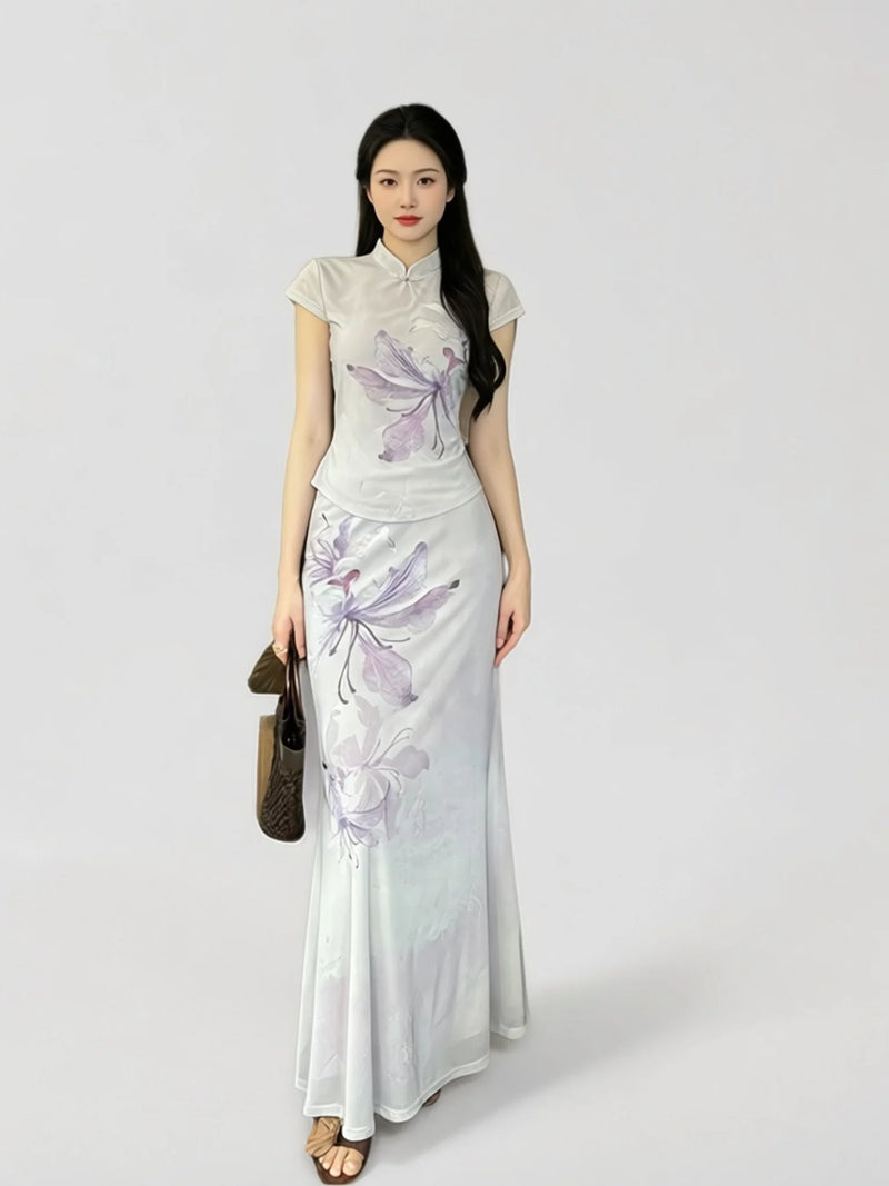 Pan Button Short Sleeved Cheongsam Top Printed Skirt Women's Set Summer Temperament Waist Cinching