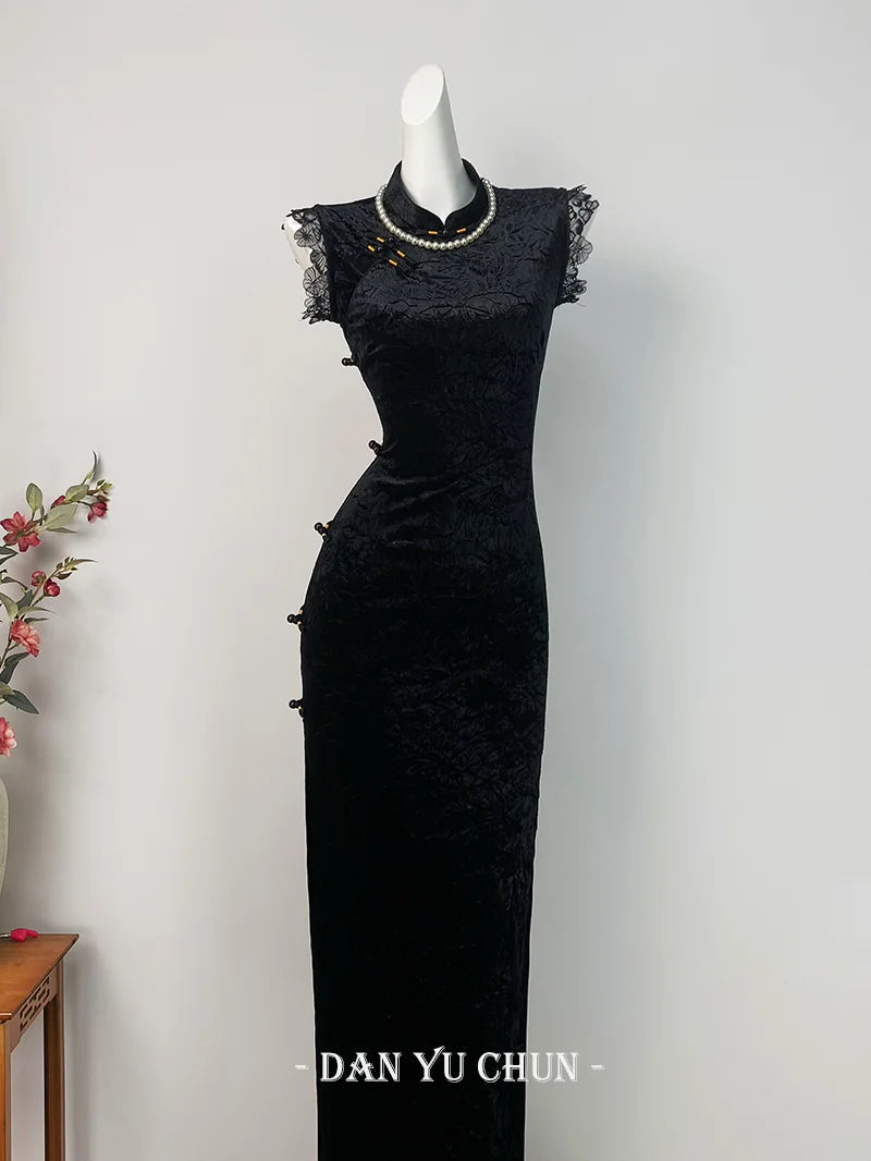 Black Velvet Dress Cheongsam Young Style High-end Atmospheric Slim Fit with Elasticity