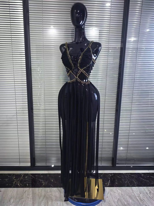 White Black Women Sexy Halter Holoow Out Golden Sequined Bodycon Long Dress Nightclub Party Bar Singer Performance Costumes