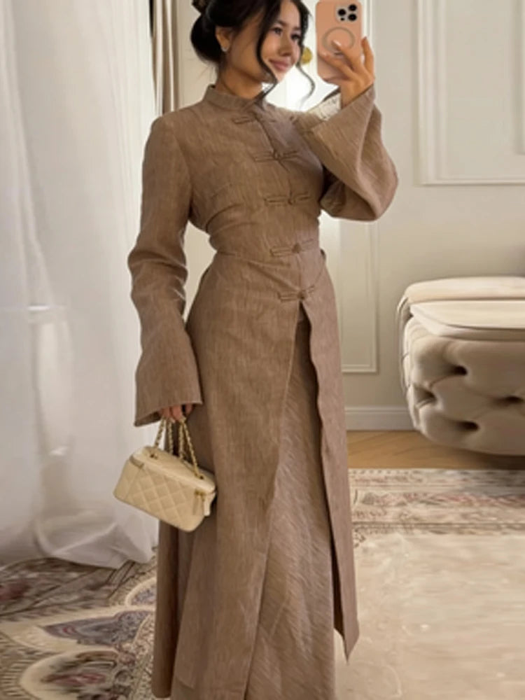Chic Oriental Slim Long Dress Set Women Casual Stand Collar Full Sleeve Knot Button Slit Hem Suit Spring Lady Street Wears New