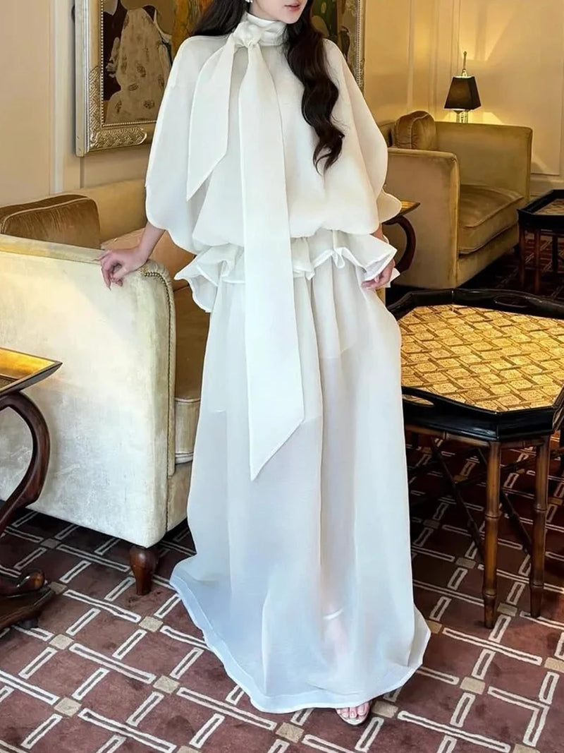 Solid Spliced Bowknot Elegant Chiffon Dresses for Women High Neck Long Sleeves High Waist Patchwork Ruffles Dress Female New