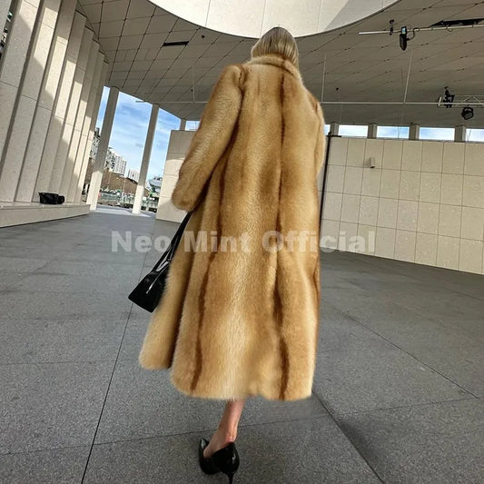 Runway Fashion Yellow Striped Maxi Long Faux Fur Coat Jacket Women Winter Brand Fluffy Fox Fur Overcoat Girls Outerwear
