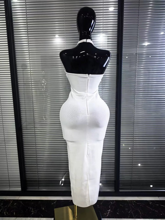 3 Colors Women Sexy Halter Off the Shoulder Pearl Beading Bodycon Long Bandage Dress Elegant Evening Party Prom Cocktail Wear