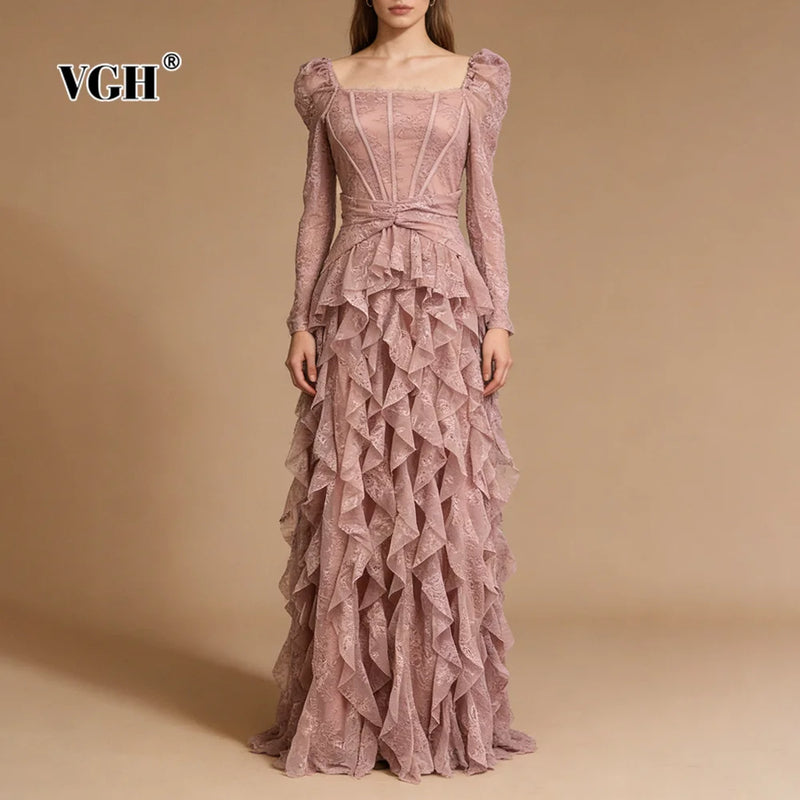 Wedding Guest Pink Square Collar Lace Maxi Dress for Women Corset Bodice Long Sleeve Tiered Ruffle Skirt for Luxury Dinner