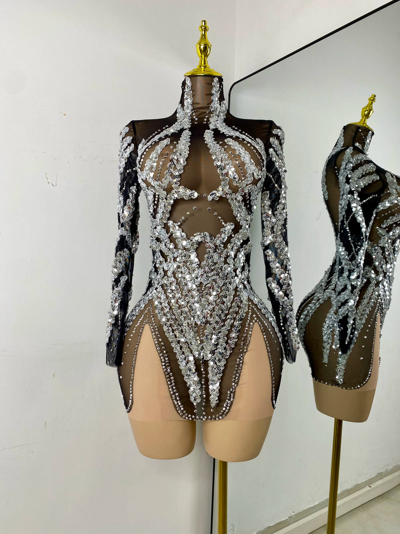 Sparkly Sequins Rhinestones Women Sexy Black Mesh See Through Long Sleeve Party Nightclub Performance Costume Stage Wear