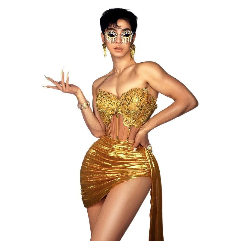 Glamorous Rhinestone Tube Top Set for Birthday Party & Stage Performance with Glam Waist Skirt Nightclub Outfit Metallic Dresses
