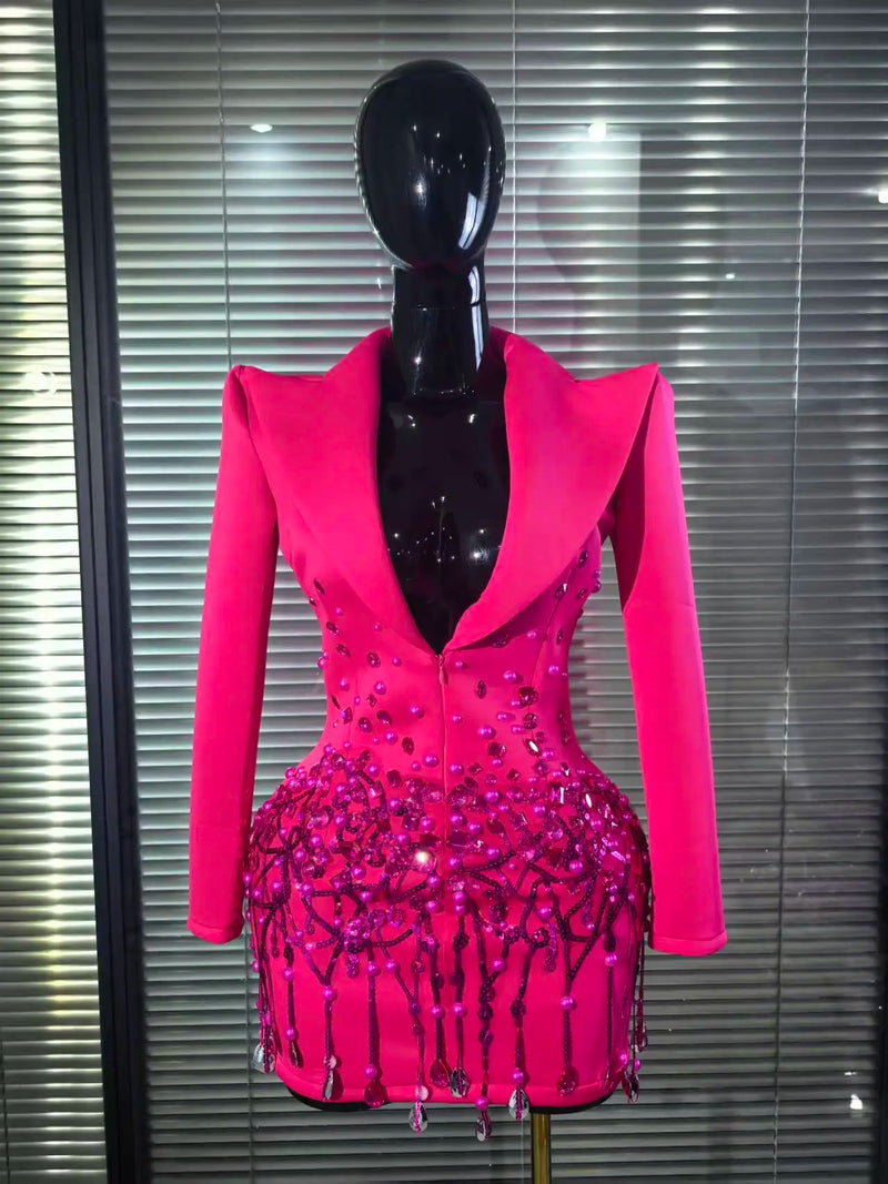 Women Long Sleeve Shining Beading Sequins Sexy V-Neck Bodycon Slim Mini Dress Bar Singer Celebrate Nightclub Party Outfit