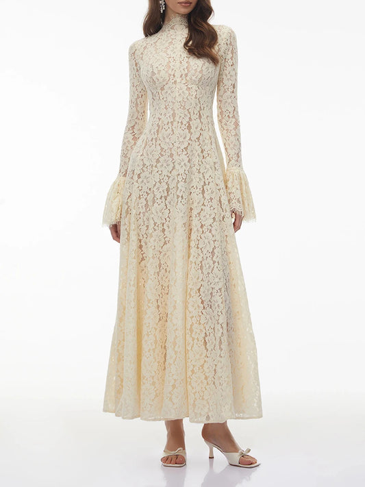 White Loose Spliced Lace Chic Dresses for Women O Neck Long Sleeve French Elegant Dress Female Summer Fashion Style Clothing