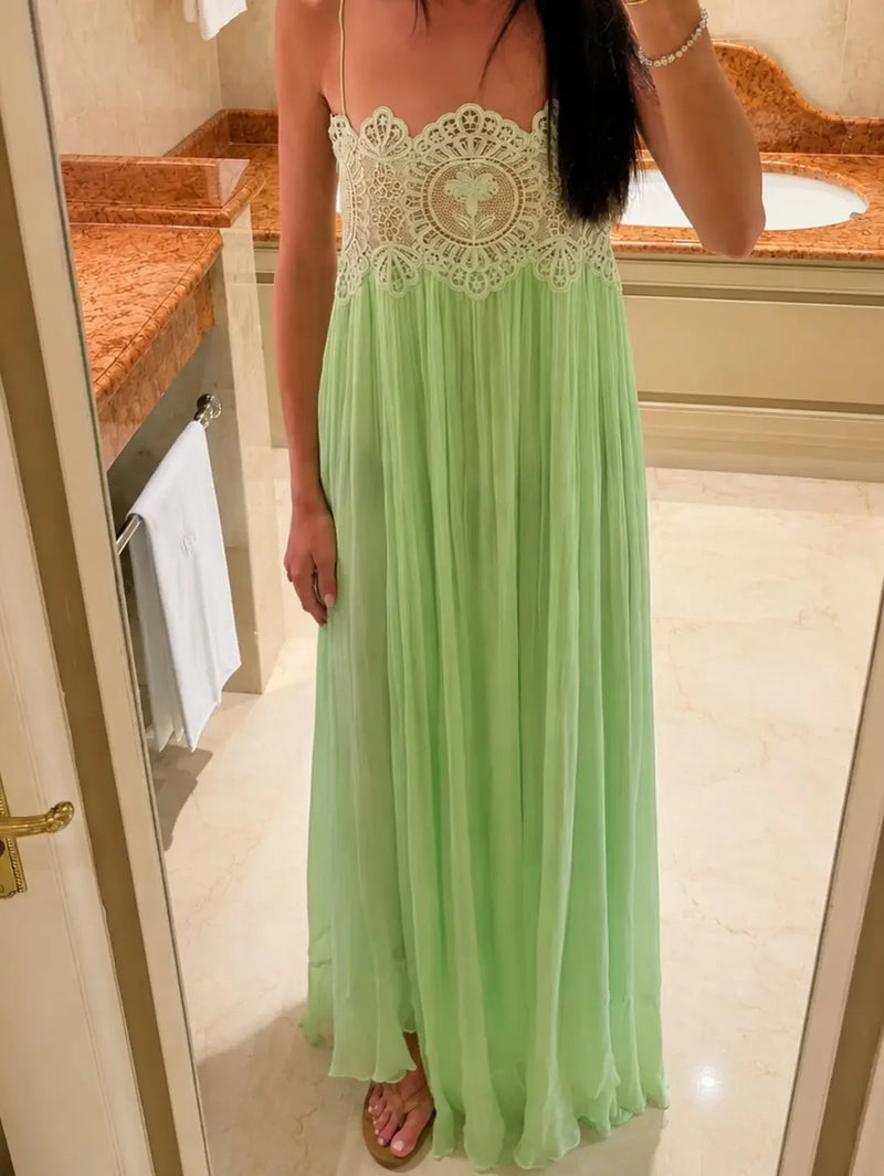 Light Green Lace Patchwork Dress Women Chic Pleated Sleeveless Loose Fit Long Dresses 2026 Lady Beach Daily Resort Sundress New
