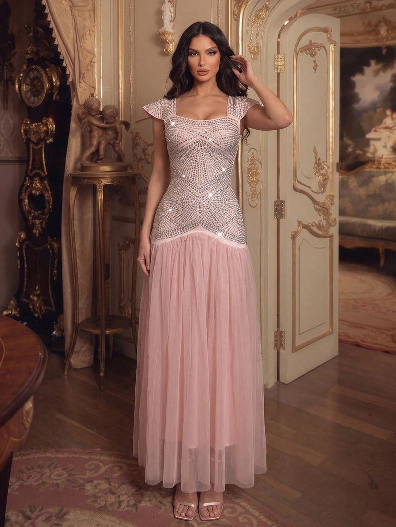 Solid Fashion Diamond Flying sleeve Bandage Long Dresses for Women Pink Sleeveless Patchwork Tunic Dress Female Autumn
