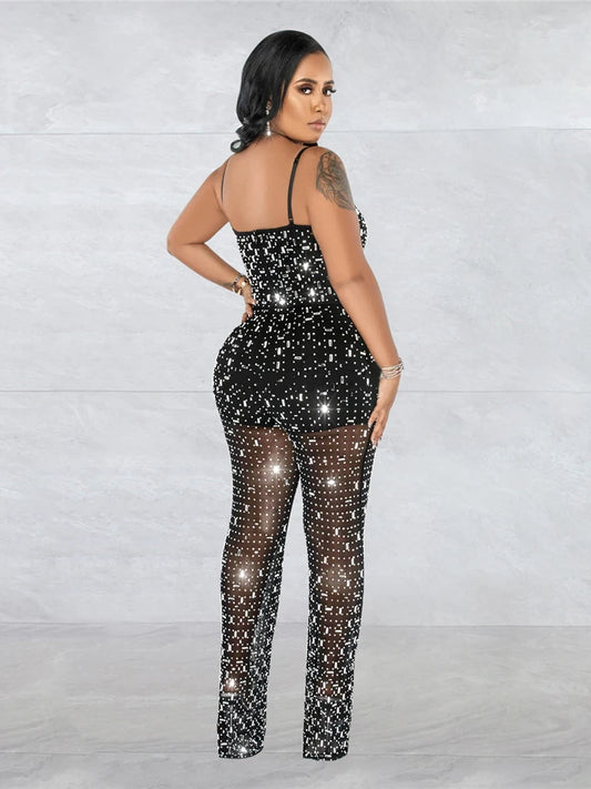 Women Club Outfits Spaghetti Strap Bodycon Jumpsuits Sparkly Rhinestone Romper Birthday Night Out One Piece Clubwear