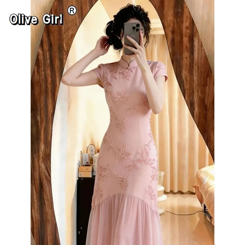 Olivegirl 3D Flower Qipao Dress Cheongsams Elegant Sweet Bodycon Bodysuit Long Dresses Women's Clothing Summer 2026