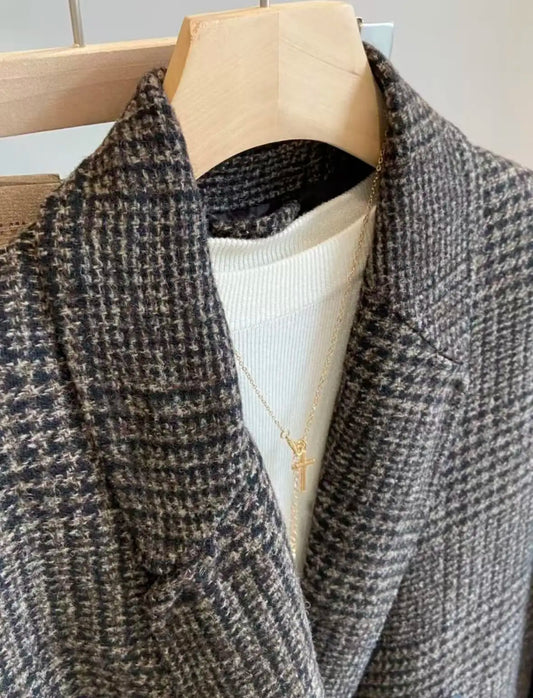 Original Winter New Style Retro British Style High-end Double-breasted Knee-length Check Coat for Women