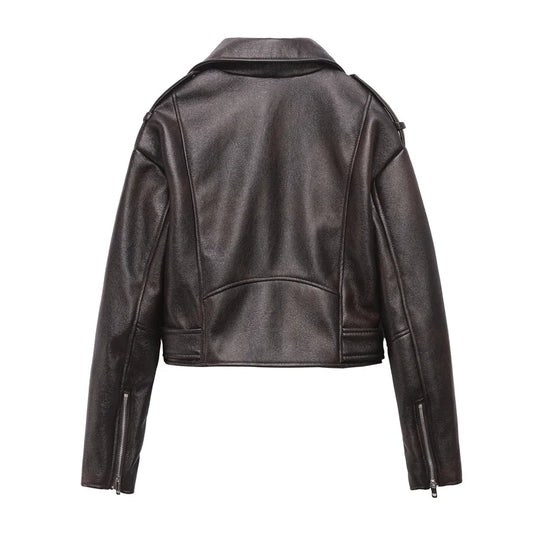 Dark Brown Coal Graysty Le Women's Washed Leather Jacket with Belt, Short Coat with Downgraded Zipper and Vintage Lapel Jacket