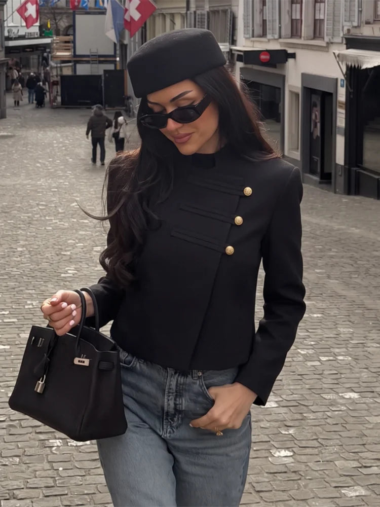 Women Black Stand Collar Jacket Gold Decor Buttons Long Sleeve Vintage Cropped Military Style Streetwear Elegant Outer Coat 2026