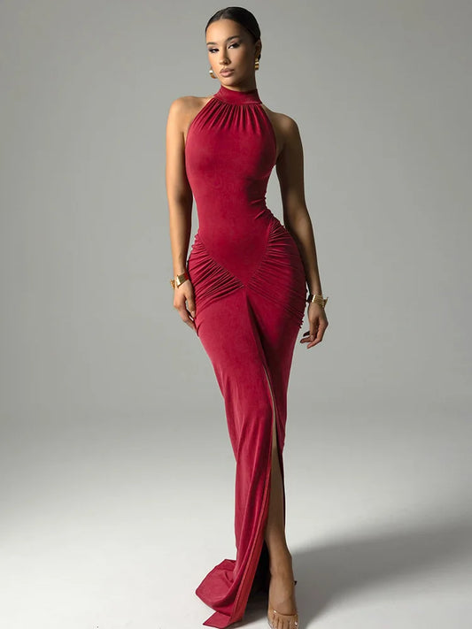 Sleeveless Halter Ruched Maxi Dress For Women Sexy Slit Solid Bodycon Dress High Street Female Evening Party Long Dress