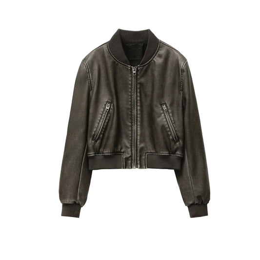 Women's Jacket New Vintage Imitation Leather Bomber Jacket Coat Top Women's Style