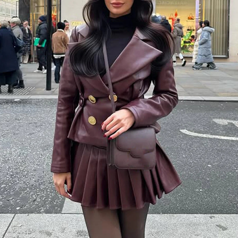 Solid Two Piece Set for Women Lapel Long Sleeve Coat Hihg Waist Temperament Skirts Female Fashion New