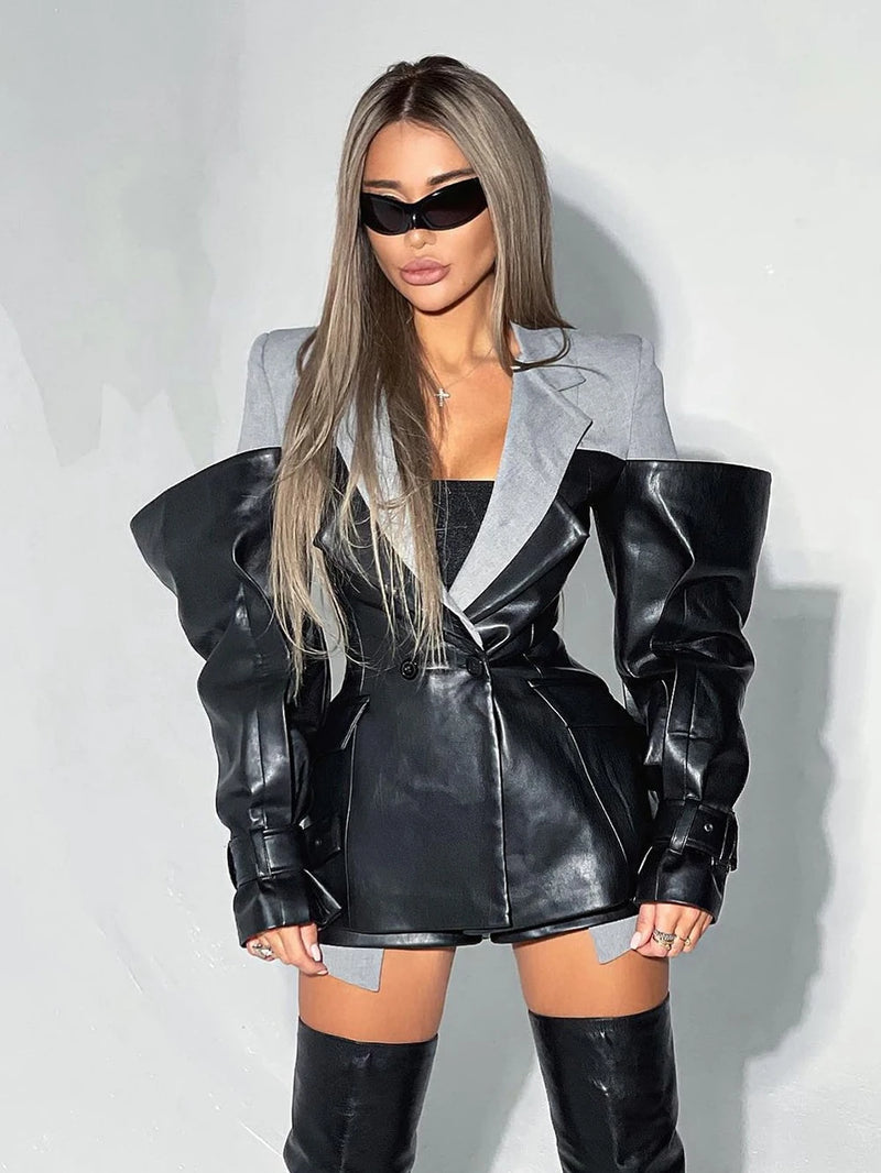 Pu Leather Patchwork Contrasting Design Slim Suit Blazers For Women Notched Collar Long Sleeve Coats Female Clothes Style