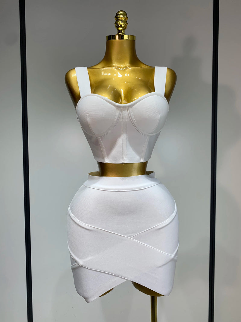Women Sexy Top Short Skirt Bodycon Bandage Two Pieces Sets White Black 2025 Evening Party Luxury Birthday Outfit Nightclub Suits