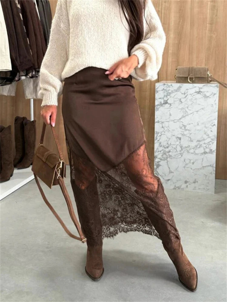 Vintage Lace Skirts Fashion Lace Patchwork Sexy See Through Skirts High Street Elegant Party Streetwear Women's Skirts