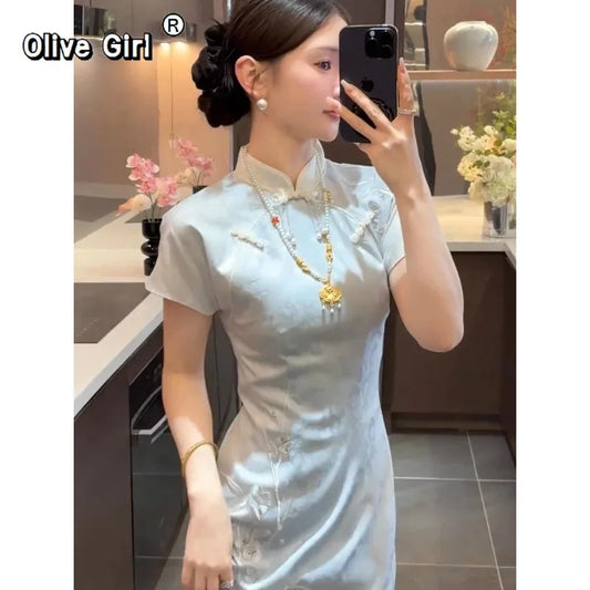Olive Girl Blue Embroidered Qipao for Ren Faire 2026 Garden Wedding Fairycore Photoshoot Everyday Wear S-XXL XS-3XL Plus Size Embroidered Dramatic Silhouette Romantic Garden Party Editorial Not Costume Chinese Heritage Fashion Women
