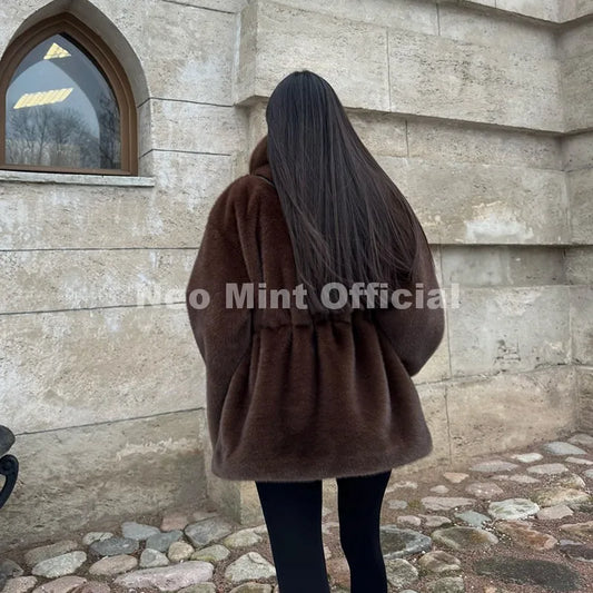 Trendy 2026 Winter Women Brand Faux Mink Fur Peplum Jacket Chic Street Fashion Girls Warm Drawstring Waist Eco Fur Coat
