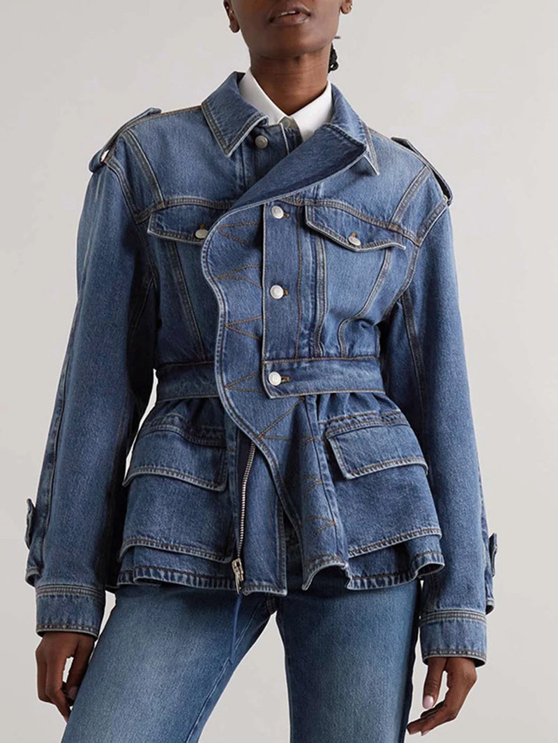 Personalized Street Denim Jacket 2025 New Fashion Ruffled Edge Single Breasted Lapel Denim Coat For Women Jeans