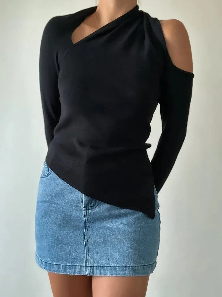 Solid Hollow Out Pullover Sweater For Women Diagonal Collar Long Sleeve Irregular Hem Slimming Sweater Female New