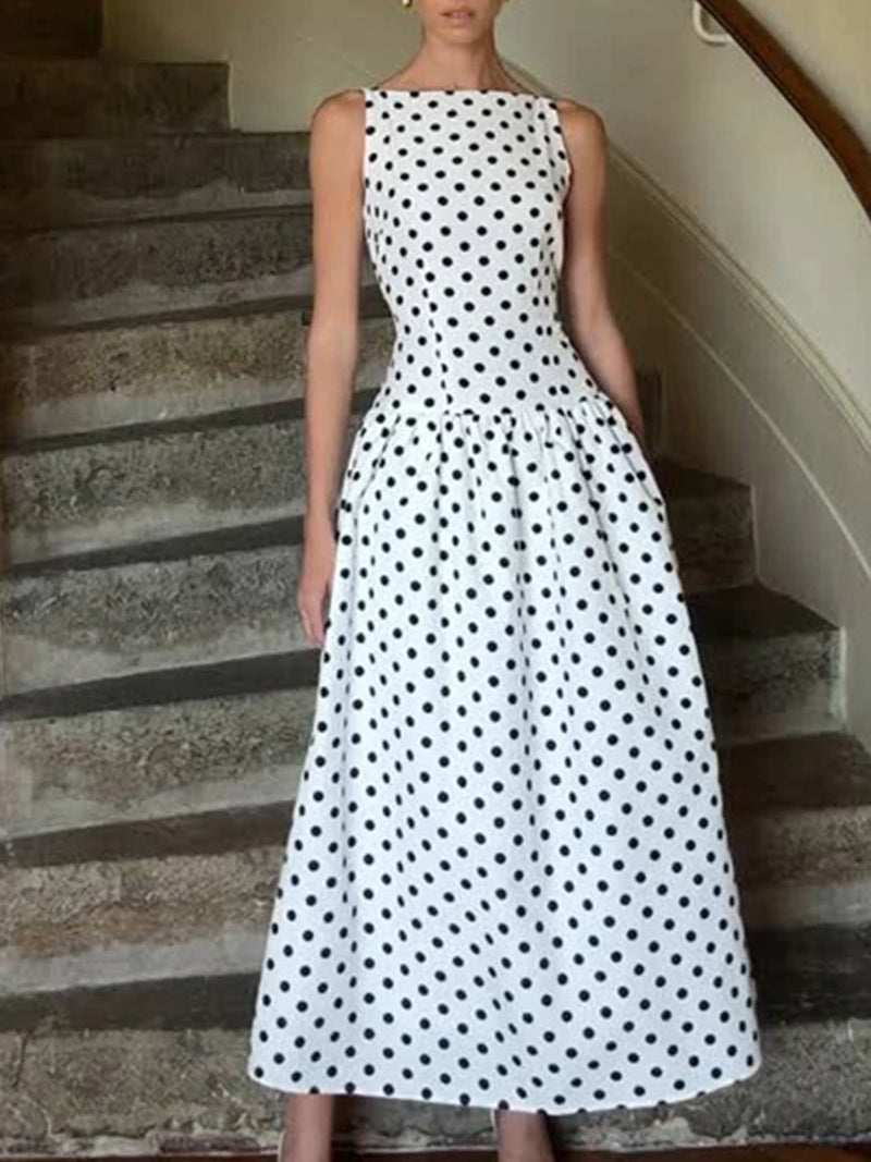 French Elegant Dot Print Mid Dress for Women Square Collar Sleeveless Temperament Date Night Dresses Female Summer