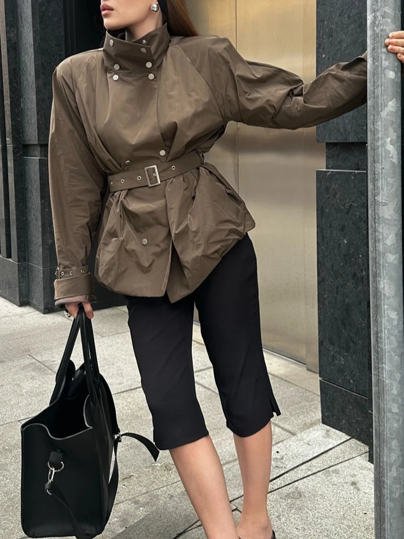 Casual Daily Wear Coffee Trench Coat for Women Stand Collar Buttons Design Belt Accent Oversized for Street Style