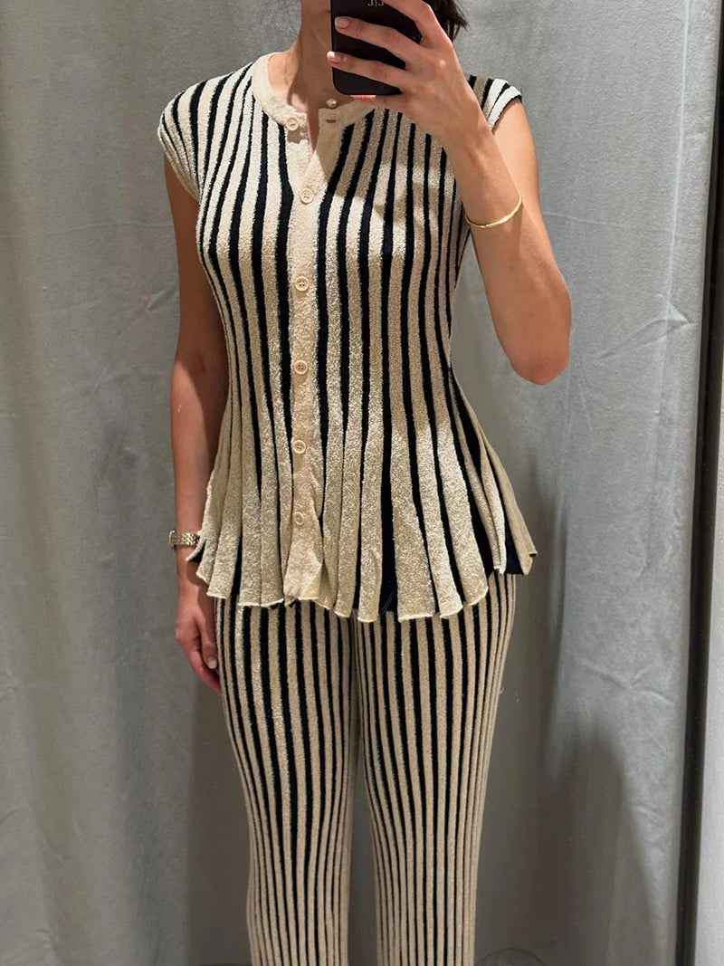 Striped Loose Two Piece Set for Women O Neck Sleeveless Top High Waist Wide Leg Pants Casual Sets Female Sumemr New