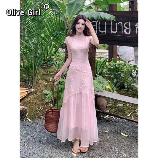 Olive Girl Pink Romantic Qipao for Garden Wedding Summer 2026 Fairycore Photoshoot Ethereal Romantic S-XXL XS-3XL Plus Size East Asian Traditional Outfit Chinese Heritage Fashion Women Costume Alternative Authentic