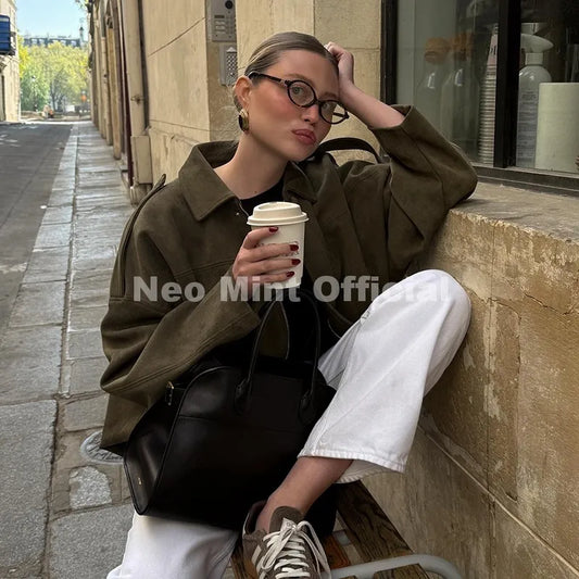 Fashion Olive Green Suede Bomber Jacket Coat Women High Street Girls Cropped Jackets Biker Outerwears