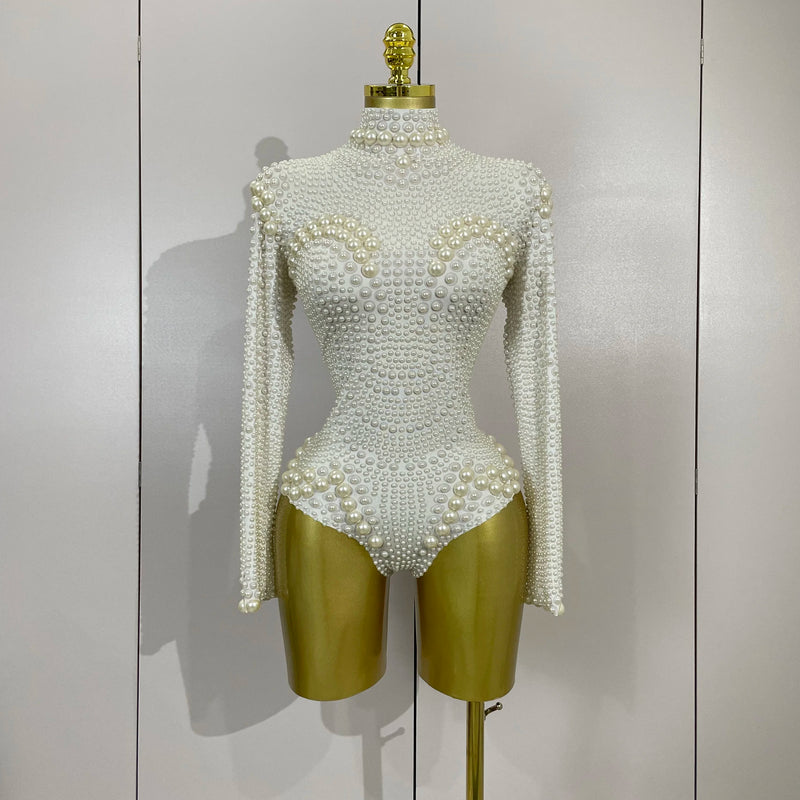 Women Luxury Birthday Evening Party Celebrate DJ Performance Nightclub Stage Wear White Full Pearl Long Sleeved Stretch Bodysuit