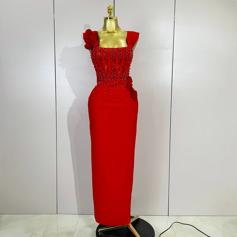 Women Red 3D Floral Beading Pearl Sexy Sleeveless Bodycon Long Bandage Dress Elegant Club Party Birthday Wedding Prom Wear