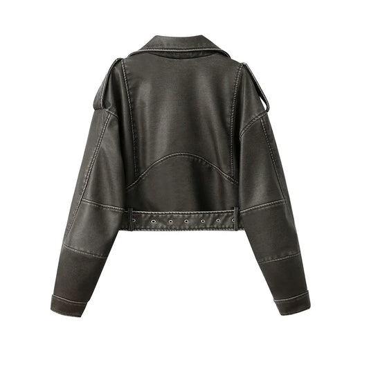 New Coal Graysty Le Women's Washed Leather Jacket with Belt, Short Coat with Downgraded Zipper and Vintage Lapel Jacket