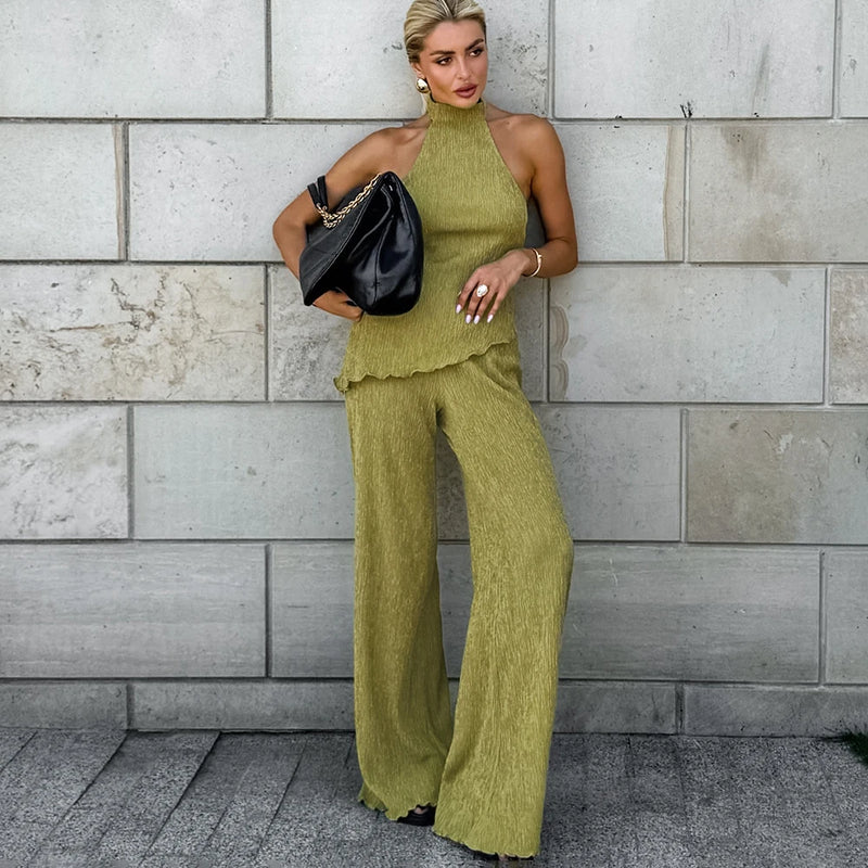 Hanging Green Pants Set Sleeveless Backless Personality Temperament Commuter Two-piece Set Summer New Women Pants Set