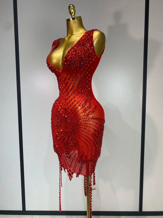 Sparkly Rhinestone Mesh See Through V Neck Dress Women Sexy Performance Stage Costume Evening Party Club Luxury Birthday Outfit