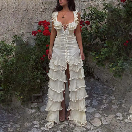 Beige Maxi Dresses for Women Square Collar Sleeveless Lace Up High Split Tiered Ruffle Skirt for Boho Beach Vacation Style