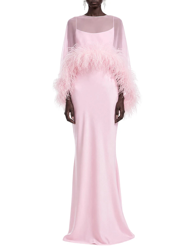 Formal Feather Cape Sleeve Maxi Dress for Women O Neck Spaghetti Strap Floor Length Long Evening Prom Cocktail Party Gown