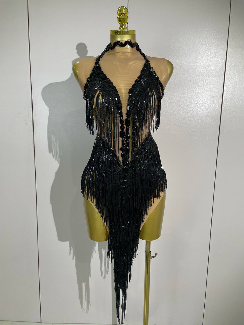 2026 New Sparkly Rhinestones Tassel Mesh Sexy See-Through Dress Latin Dance Outfits Women Bar Nightclub Show Party Stage Costume