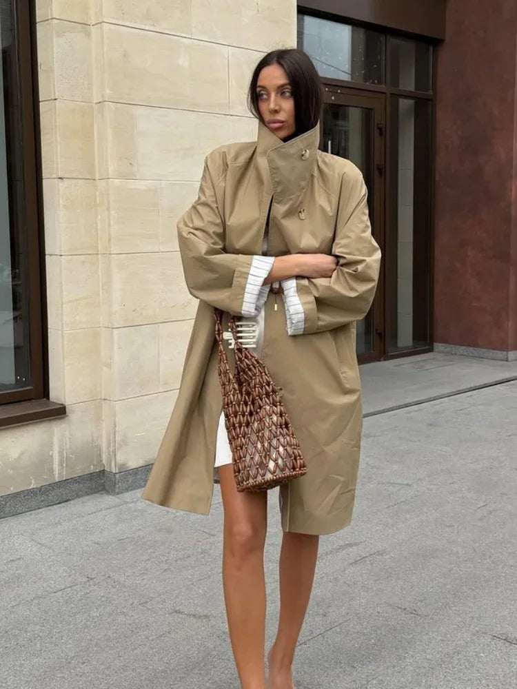 Lapel Collar Loose Mid Length Trench Coat Long Sleeve Single-breasted Striped Lining Coats Women Autumn Casual Commute Wear New
