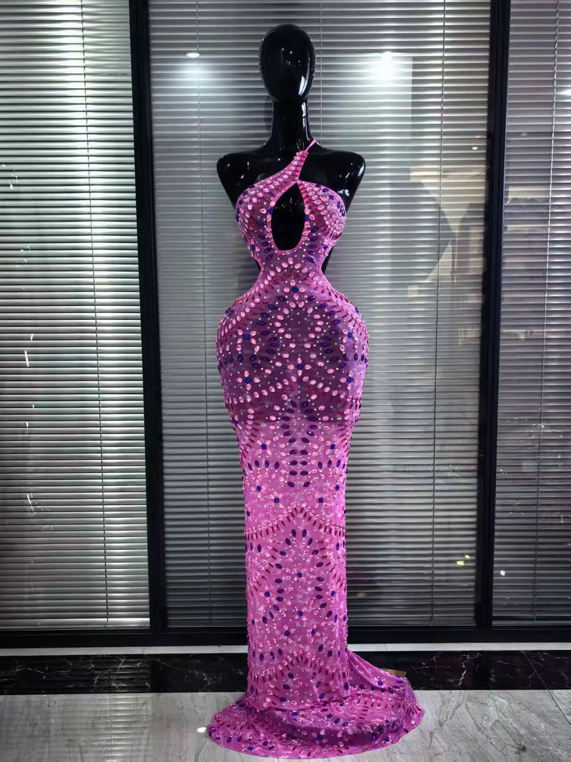 Black Color Women Sexy Halter Mesh See Through Bodycon Long Gowns Dress Sparkly Crystal Celebrate Evening Party Cocktail Wear